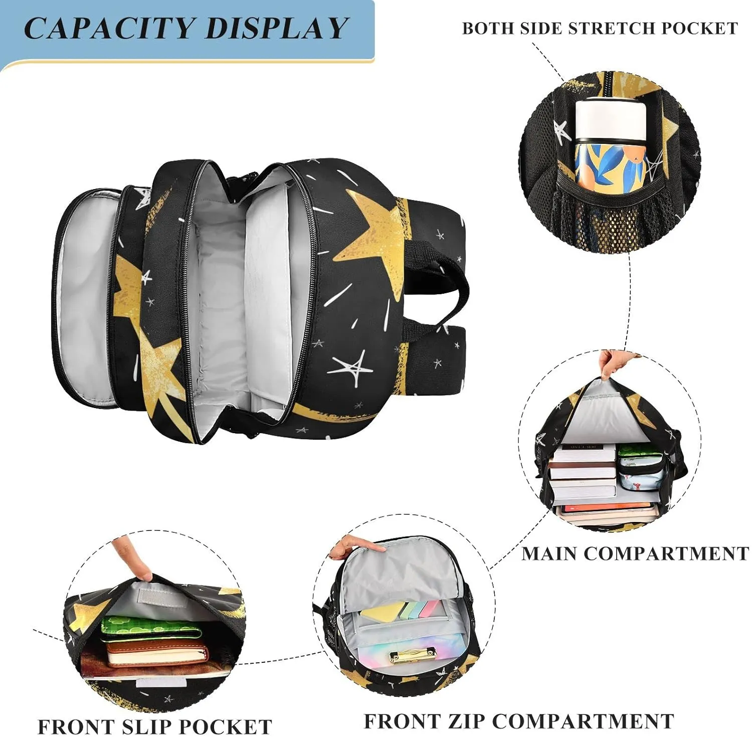 ALAZA White and Gold Hand Drawn Star Casual Daypacks Bookbag Bag
