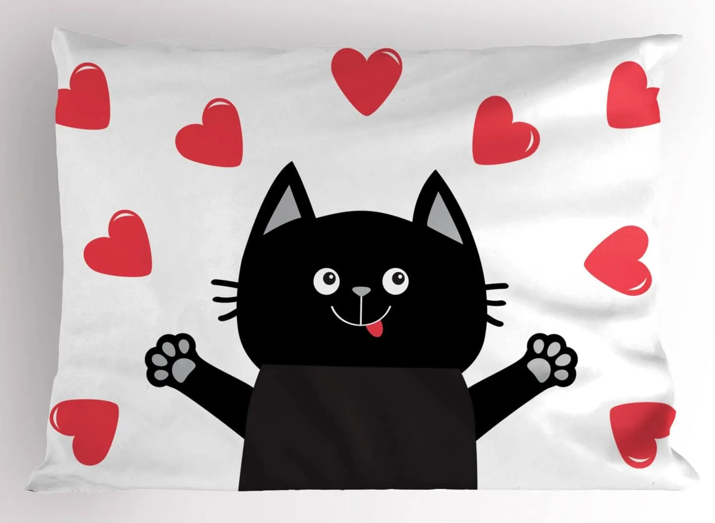 Ambesonne Cat Lover Pillow Sham Set of 2, Funny Romantic Composition with Hearts Around Cartoon Kitten, Quality Microfiber Bedding Item for All Seasons, 26" x 20", Charcoal Grey and Dark Coral