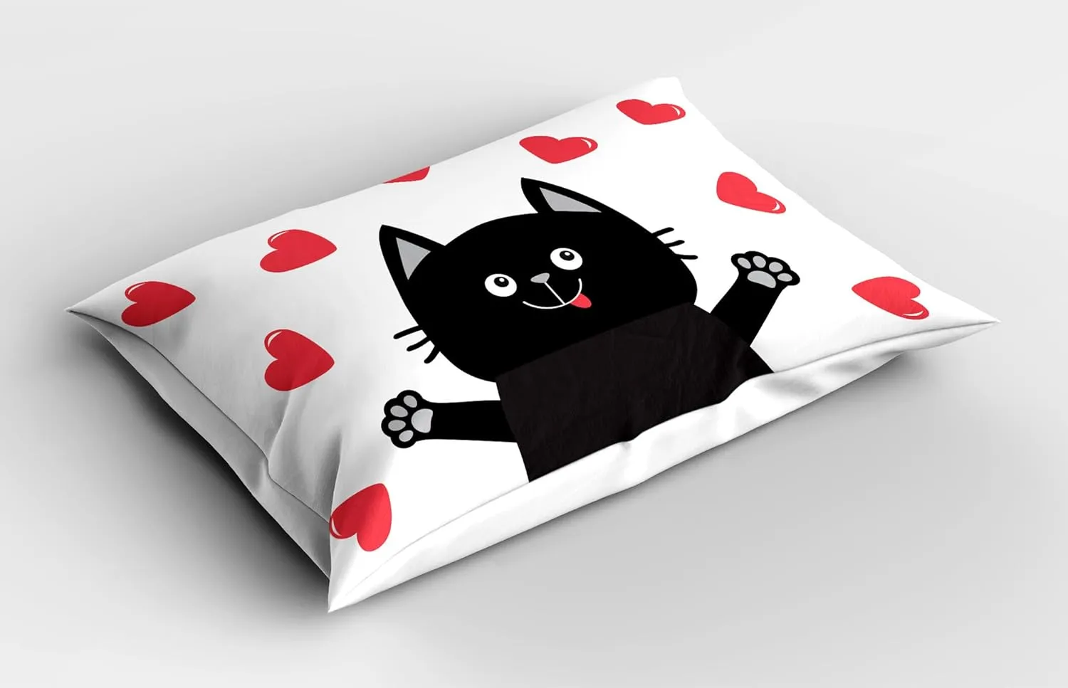 Ambesonne Cat Lover Pillow Sham Set of 2, Funny Romantic Composition with Hearts Around Cartoon Kitten, Quality Microfiber Bedding Item for All Seasons, 26" x 20", Charcoal Grey and Dark Coral