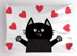 Ambesonne Cat Lover Pillow Sham Set of 2, Funny Romantic Composition with Hearts Around Cartoon Kitten, Quality Microfiber Bedding Item for All Seasons, 26" x 20", Charcoal Grey and Dark Coral