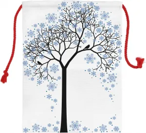 Ambesonne Winter Christmas Gift Sack, Barren Tree Silhouette Snowflake Leaves Hand Drawn Interpretation Snow Season, Santa Sack Bag Canvas Fabric for Gifts and Storage, 11.4" X 15.1", Blue Black White