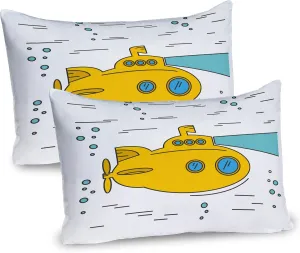 Ambesonne Yellow Submarine Pillow Sham Set of 2, Ocean Nautical Adventure Underwater Bubbles Porthole Cartoon, Quality Microfiber Bedding Item for All Seasons, 26" x 20", White Yellow Blue