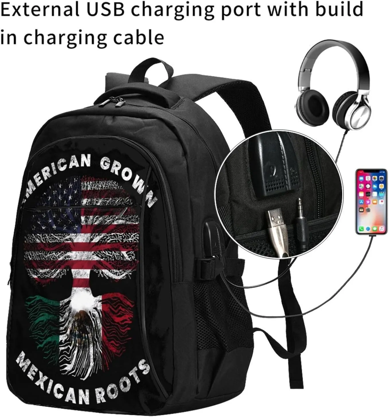 American Grown Mexican Roots Casual Travel Backpacks Hiking Camping Backpack Large Outdoor Sport Daypack Laptop Rucksack Climbing Working Bags with USB Port