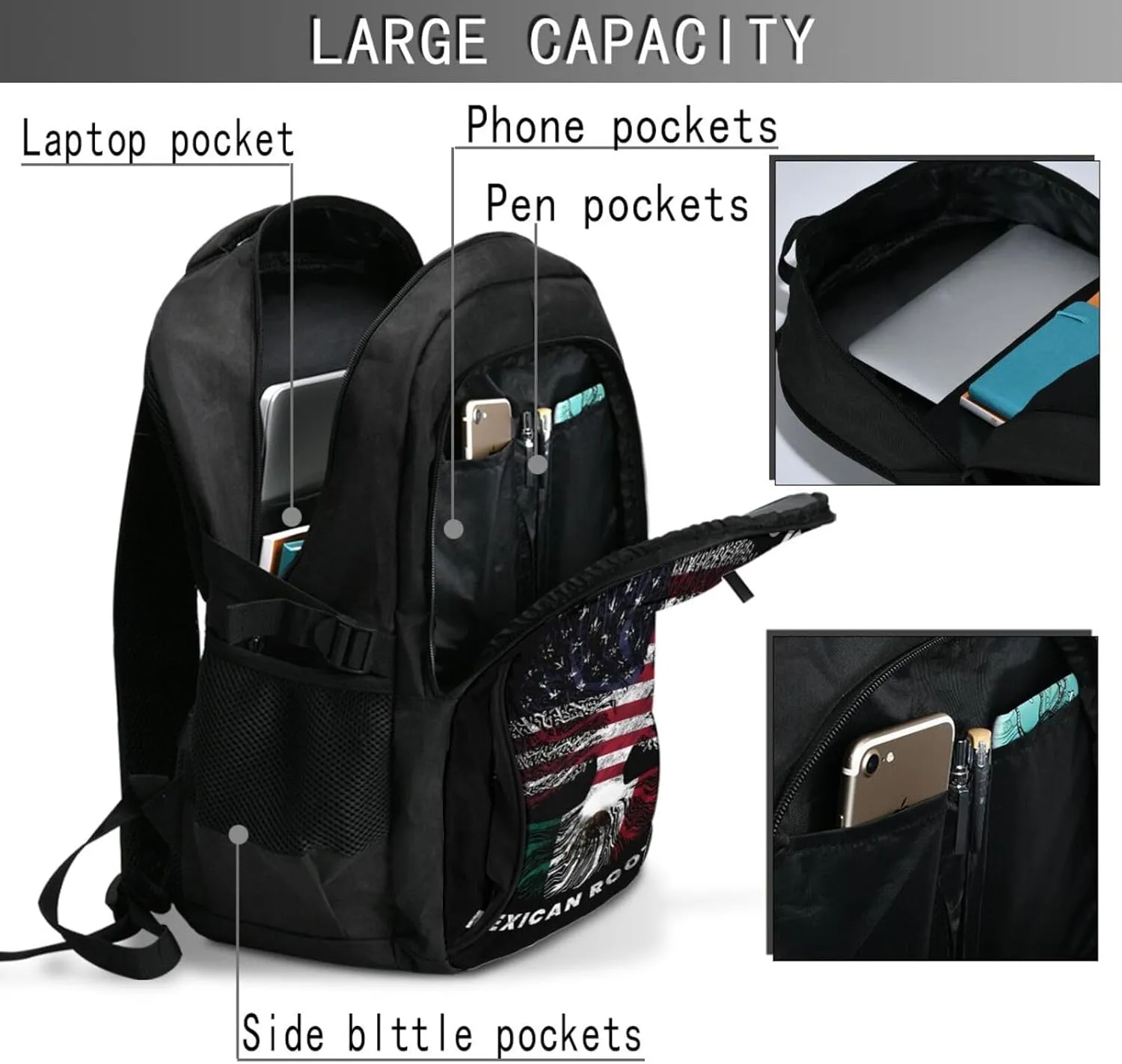 American Grown Mexican Roots Casual Travel Backpacks Hiking Camping Backpack Large Outdoor Sport Daypack Laptop Rucksack Climbing Working Bags with USB Port