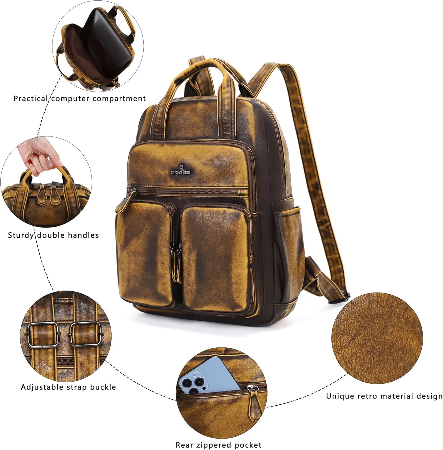 Angel Kiss Backpack Purse for Women Soft Washed Leather Multi Pocket Casual Travel Backpacks…