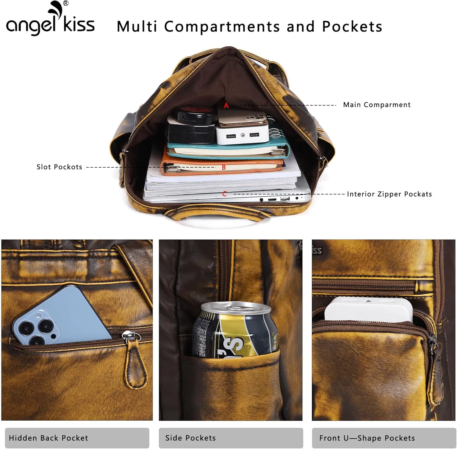 Angel Kiss Backpack Purse for Women Soft Washed Leather Multi Pocket Casual Travel Backpacks…