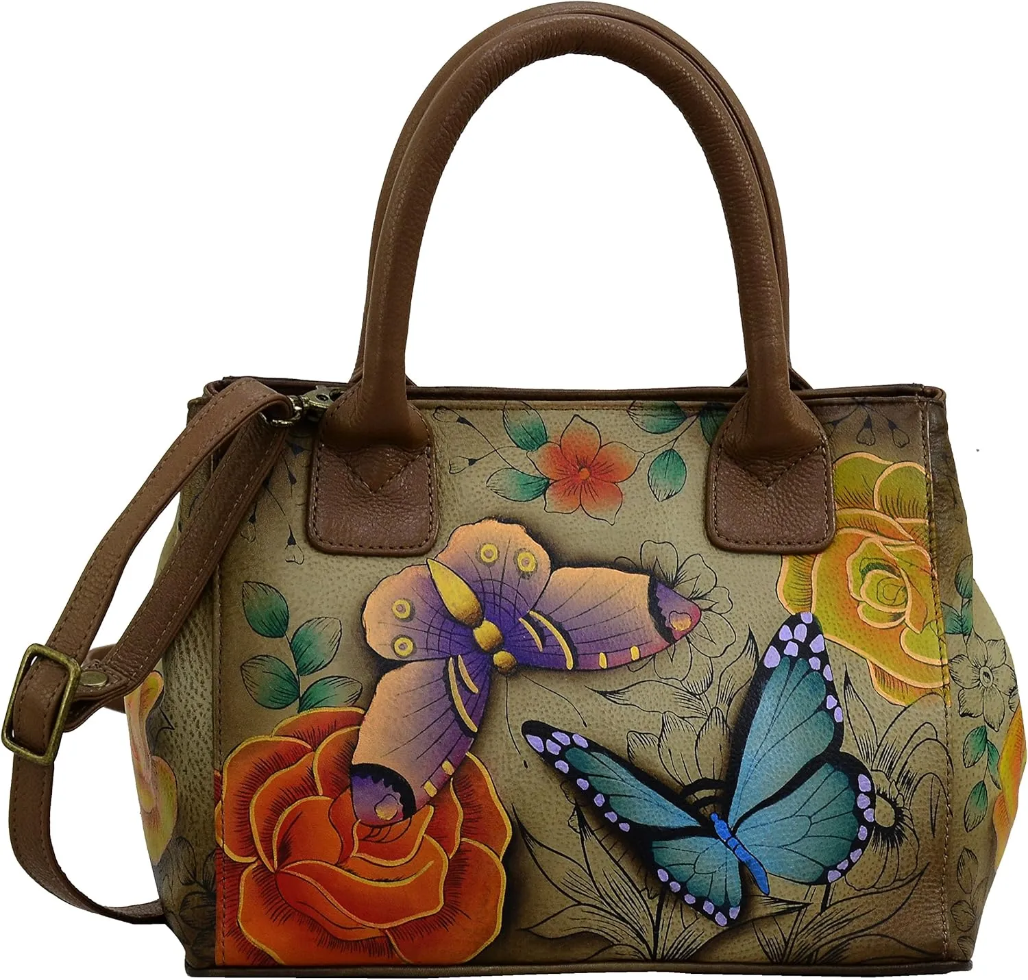 Anna by Anuschka Women’s Hand Painted Genuine Leather Small Convertible Tote - Double Short Handle, Removable Crossbody Strap