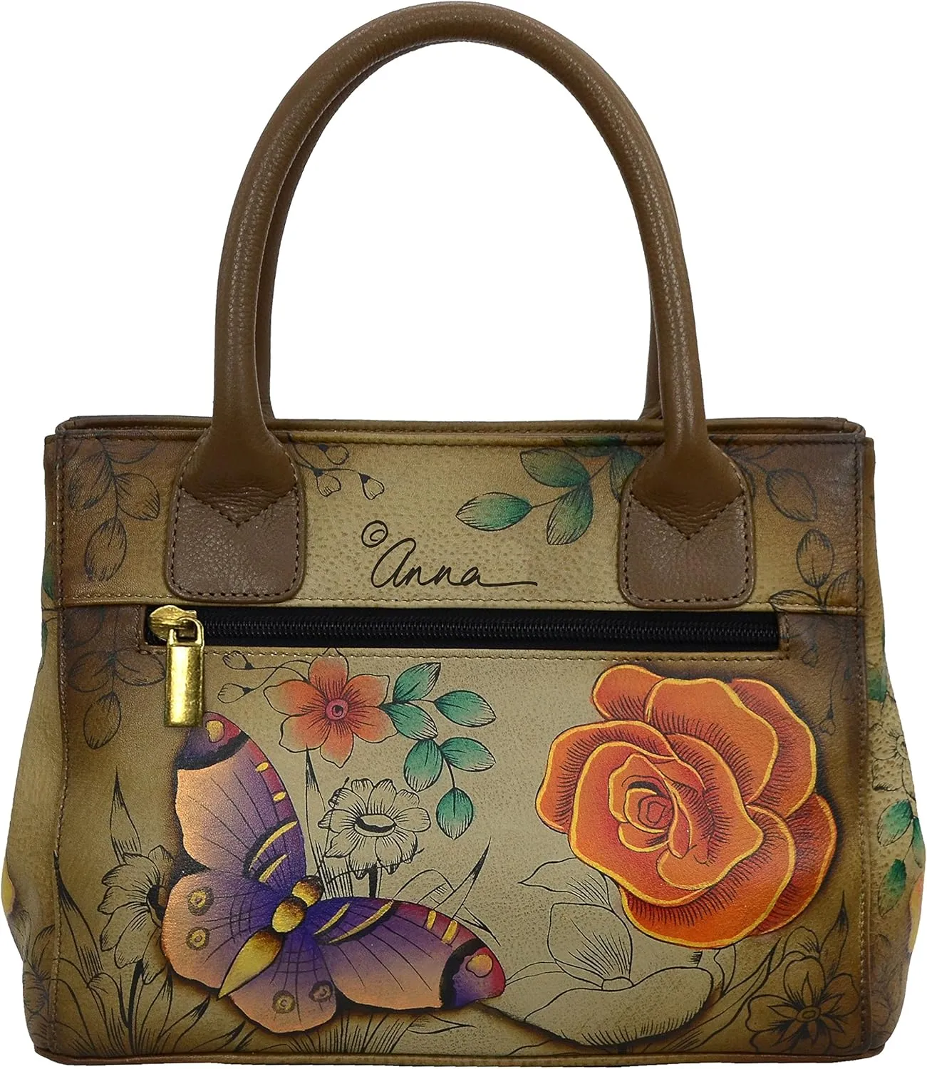 Anna by Anuschka Women’s Hand Painted Genuine Leather Small Convertible Tote - Double Short Handle, Removable Crossbody Strap