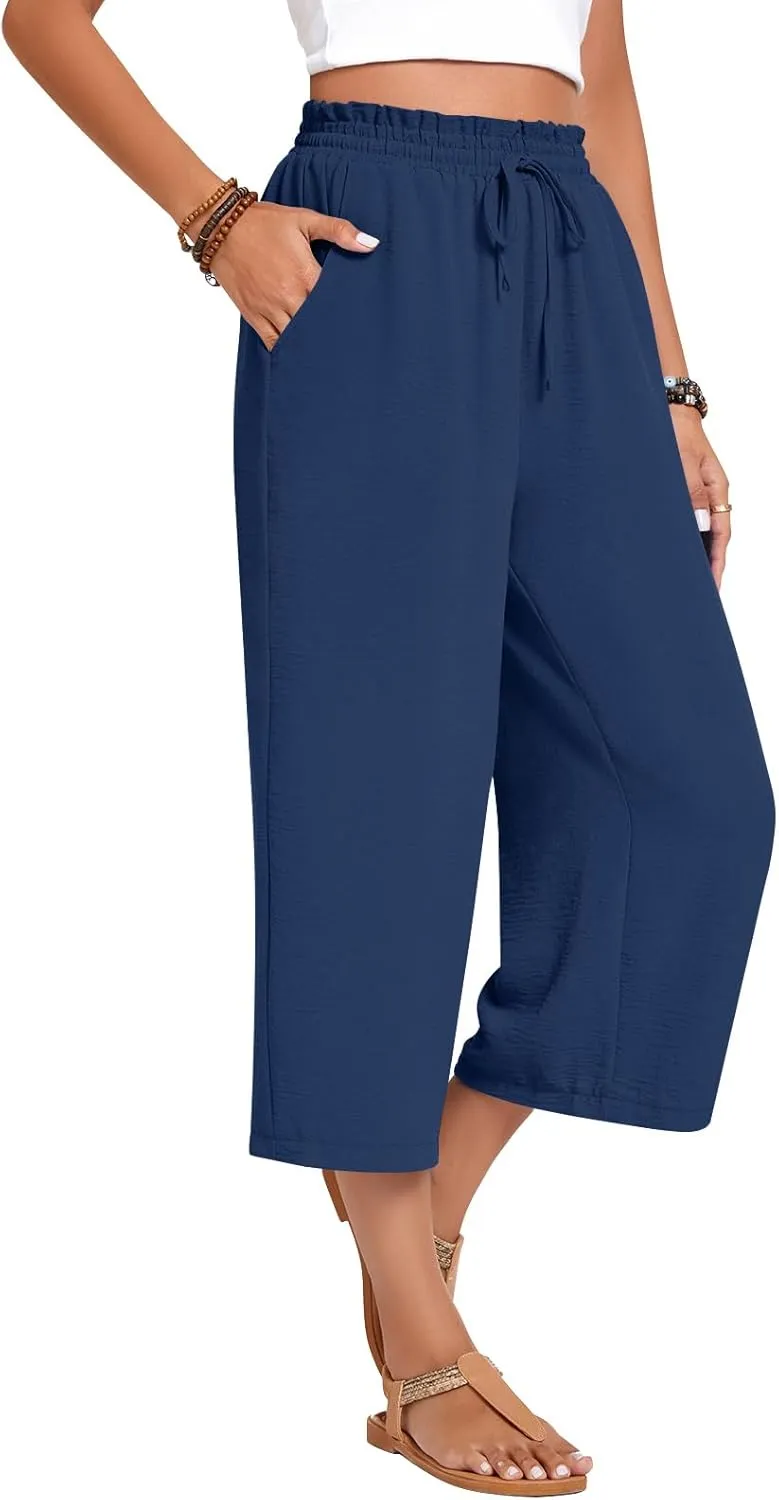 Anyhold Womens Capri Pants Loose High Waisted Wide Leg Lounge Pants Drawstring Casual Palazzo Trousers with Pockets