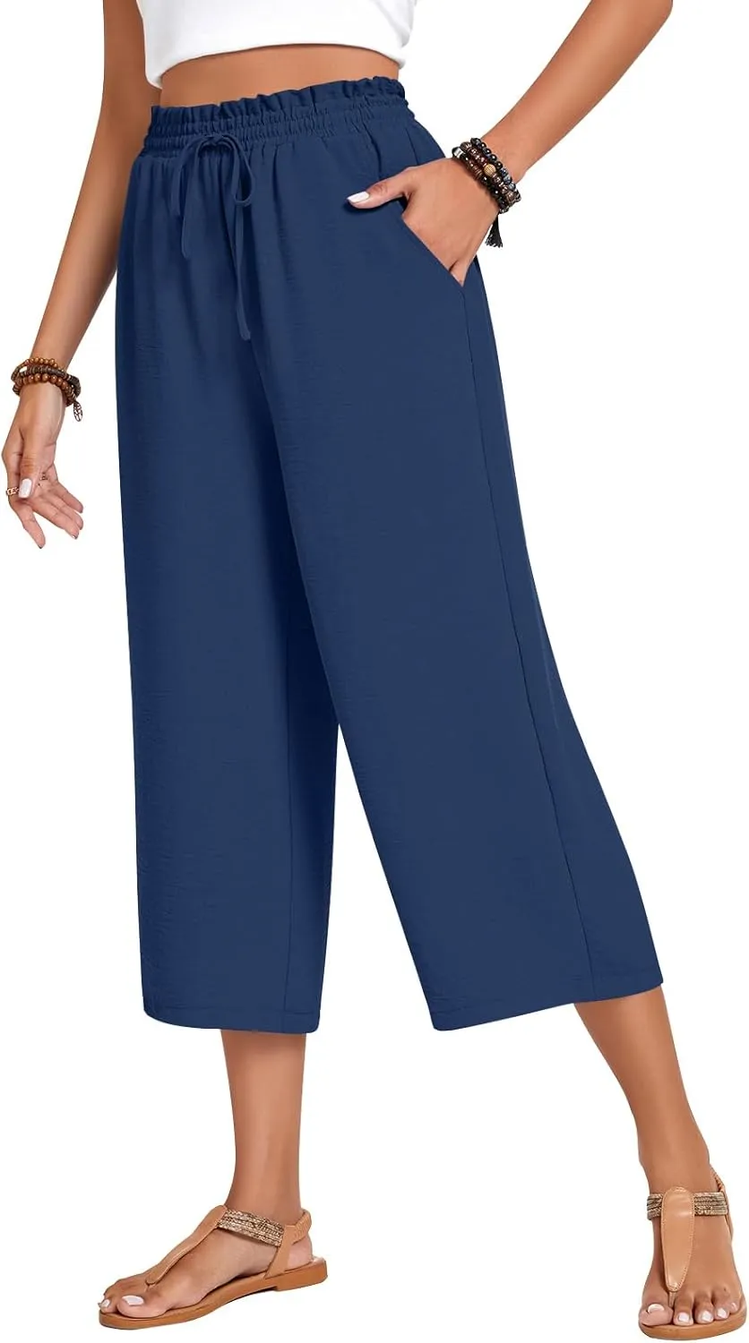 Anyhold Womens Capri Pants Loose High Waisted Wide Leg Lounge Pants Drawstring Casual Palazzo Trousers with Pockets