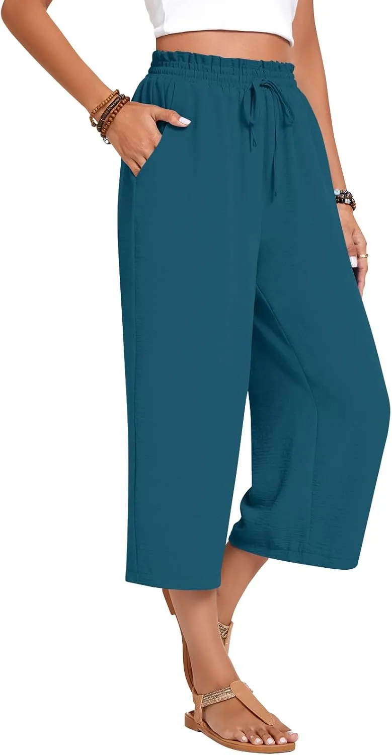 Anyhold Womens Capri Pants Loose High Waisted Wide Leg Lounge Pants Drawstring Casual Palazzo Trousers with Pockets