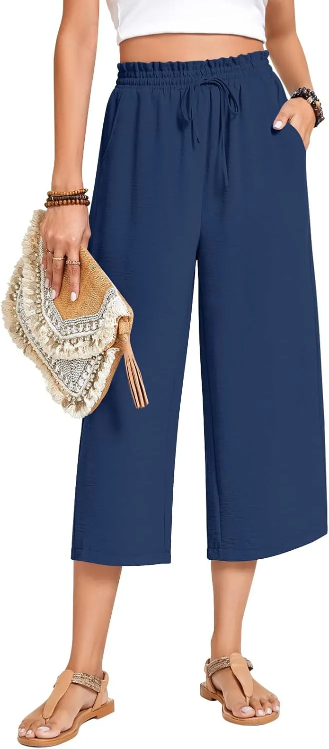 Anyhold Womens Capri Pants Loose High Waisted Wide Leg Lounge Pants Drawstring Casual Palazzo Trousers with Pockets