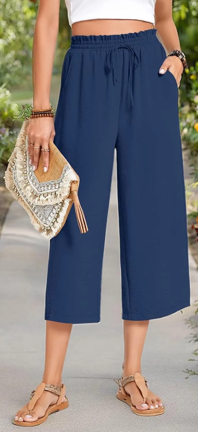 Anyhold Womens Capri Pants Loose High Waisted Wide Leg Lounge Pants Drawstring Casual Palazzo Trousers with Pockets
