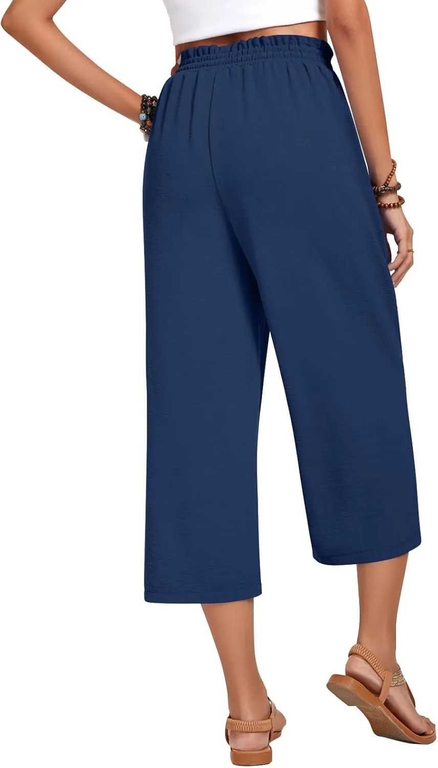 Anyhold Womens Capri Pants Loose High Waisted Wide Leg Lounge Pants Drawstring Casual Palazzo Trousers with Pockets