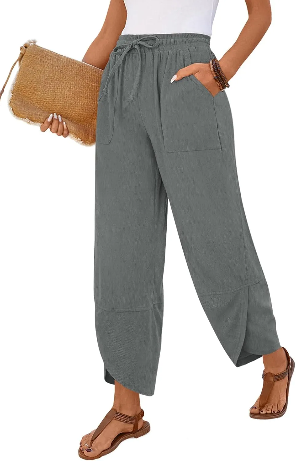 Anymiss Womens Baggy Corduroy Pants Casual Elastic Waisted Palazzo Harem Trousers M-3XL