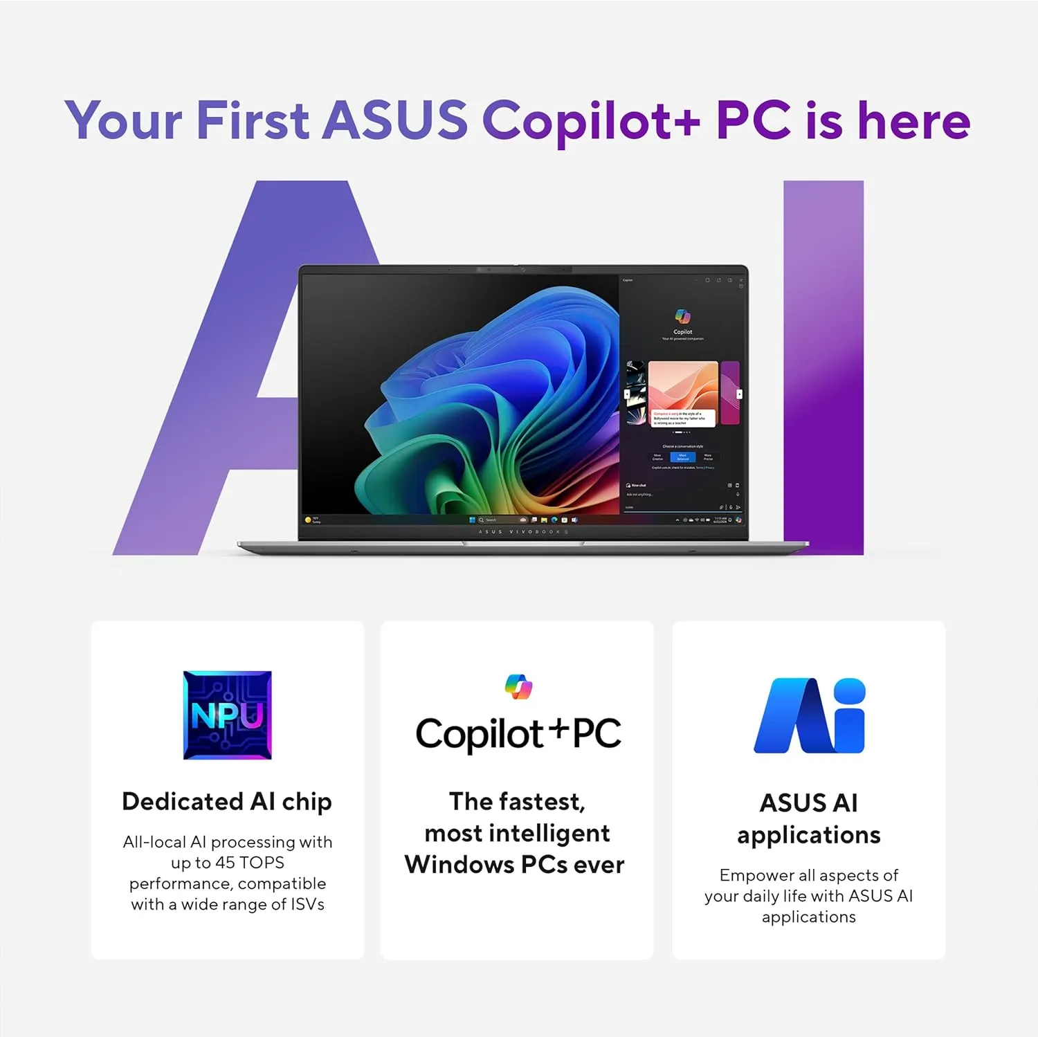 ASUS Vivobook S 15 Laptop; Copilot  PC, 15.6” 3K 120Hz OLED Display, Qualcomm Snapdragon X Elite X1E-78-100 12-Core Processor, 16GB RAM, 1TB SSD, Windows 11 Home, Cool Silver, S5507QAD-PS96
