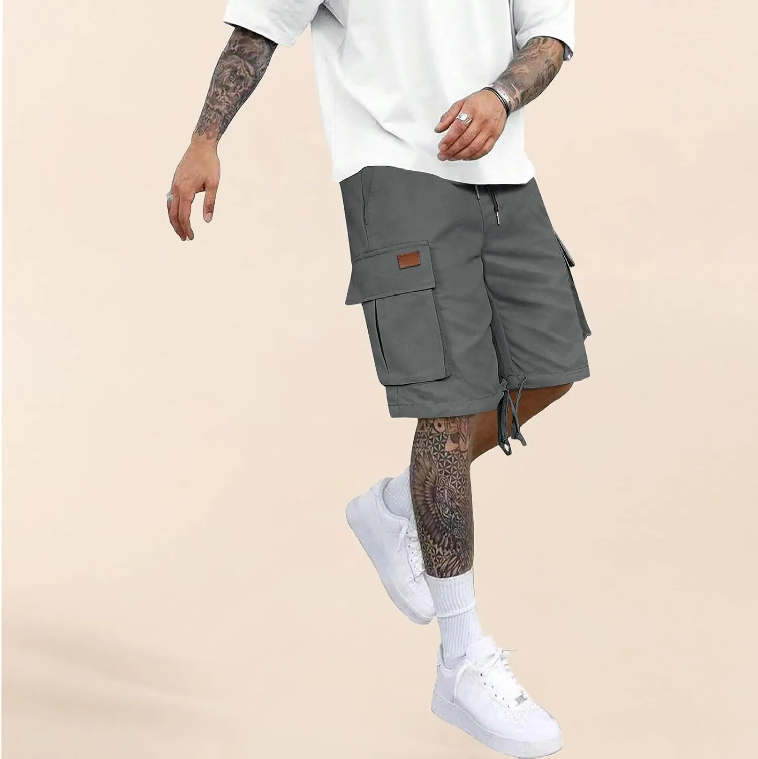 Athletic Cargo Shorts for Men Drawstring Wide Leg Casual Summer Short Fashion Outdoor Vacation Beach Workout Pants