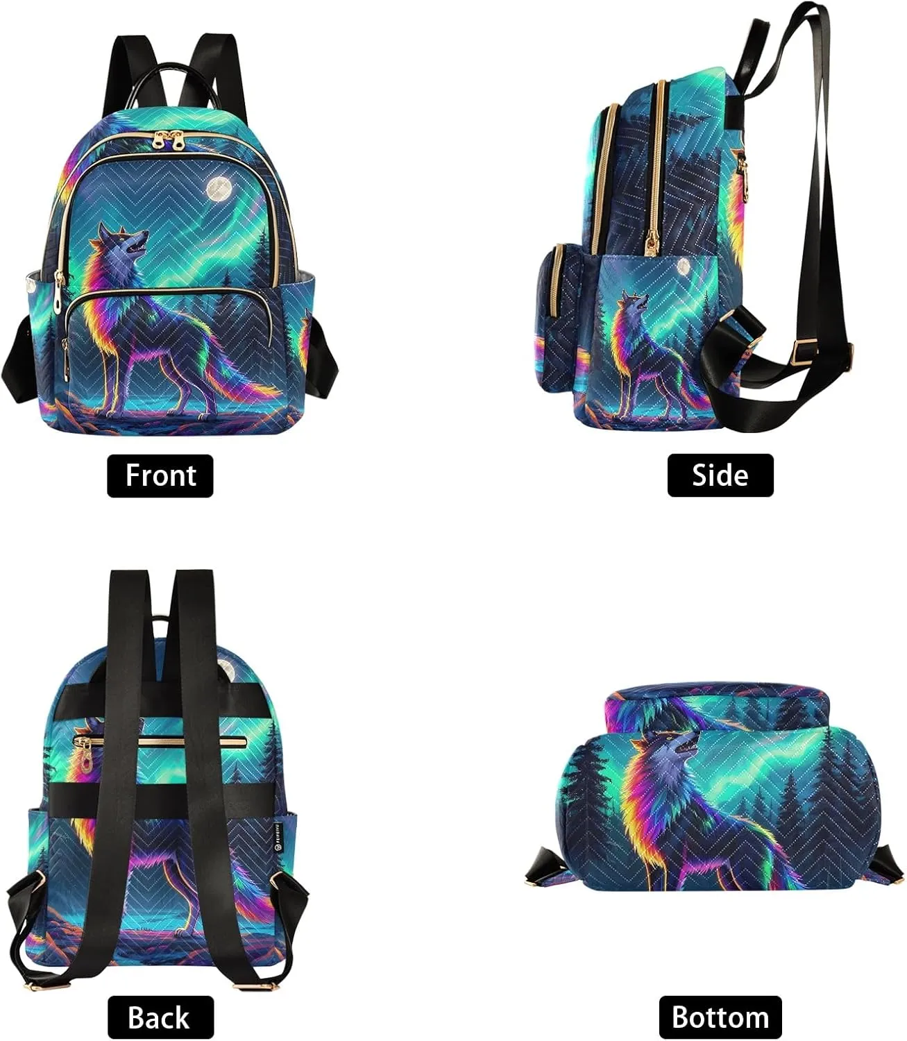 Aurora Wolf Cartoon Quilted Backpack for Women Fashion Lightweight Travel Daypack Durable Polyester Stylish Casual Hiking Bag for School Work Outing
