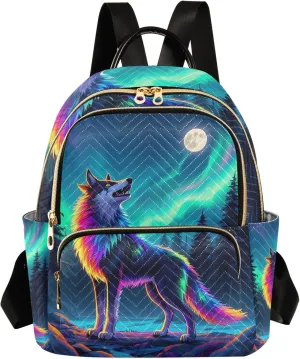 Aurora Wolf Cartoon Quilted Backpack for Women Fashion Lightweight Travel Daypack Durable Polyester Stylish Casual Hiking Bag for School Work Outing