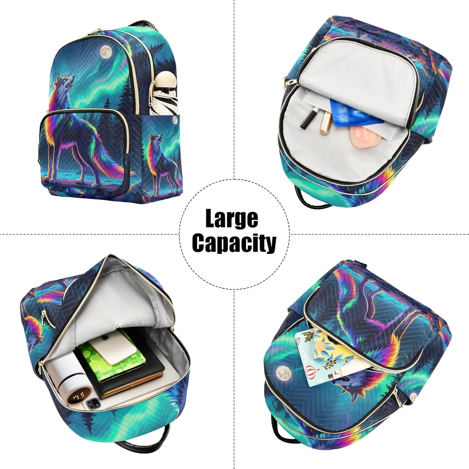 Aurora Wolf Cartoon Quilted Backpack for Women Fashion Lightweight Travel Daypack Durable Polyester Stylish Casual Hiking Bag for School Work Outing