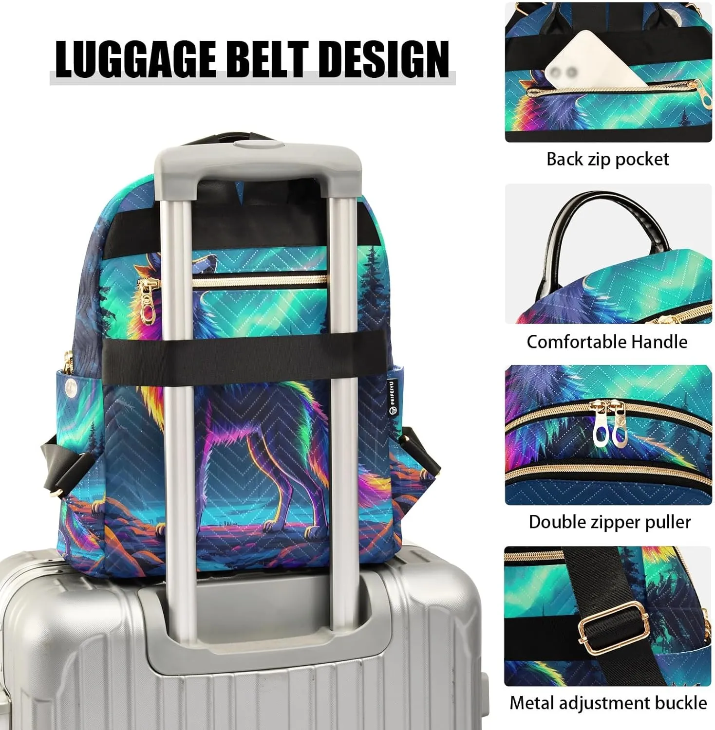 Aurora Wolf Cartoon Quilted Backpack for Women Fashion Lightweight Travel Daypack Durable Polyester Stylish Casual Hiking Bag for School Work Outing