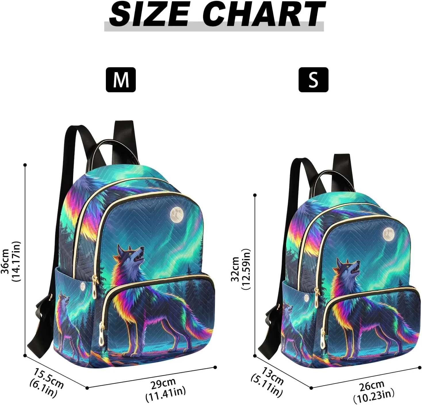 Aurora Wolf Cartoon Quilted Backpack for Women Fashion Lightweight Travel Daypack Durable Polyester Stylish Casual Hiking Bag for School Work Outing