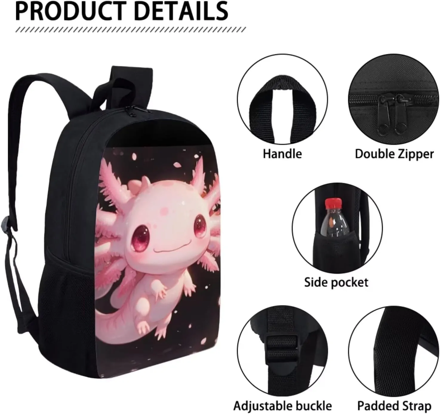 Axolotl Kids Backpack and Lunch Box Set With Bottle Holder Kids Preschool Backpack Girls Kindergarten Bookbag Set with Lunch Box and Pencil Case 4PCS Toddler Backpack Back to School Gifts