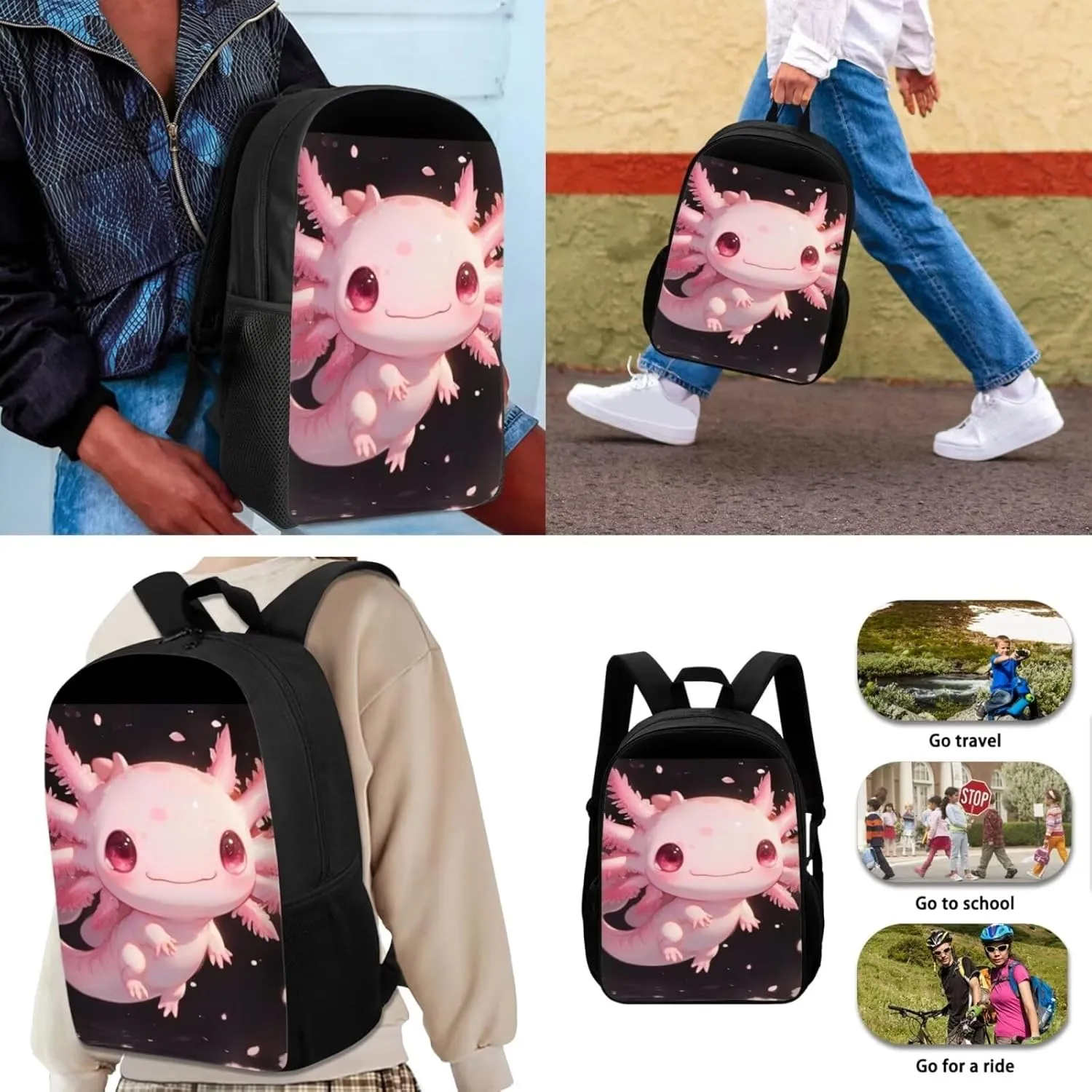 Axolotl Kids Backpack and Lunch Box Set With Bottle Holder Kids Preschool Backpack Girls Kindergarten Bookbag Set with Lunch Box and Pencil Case 4PCS Toddler Backpack Back to School Gifts