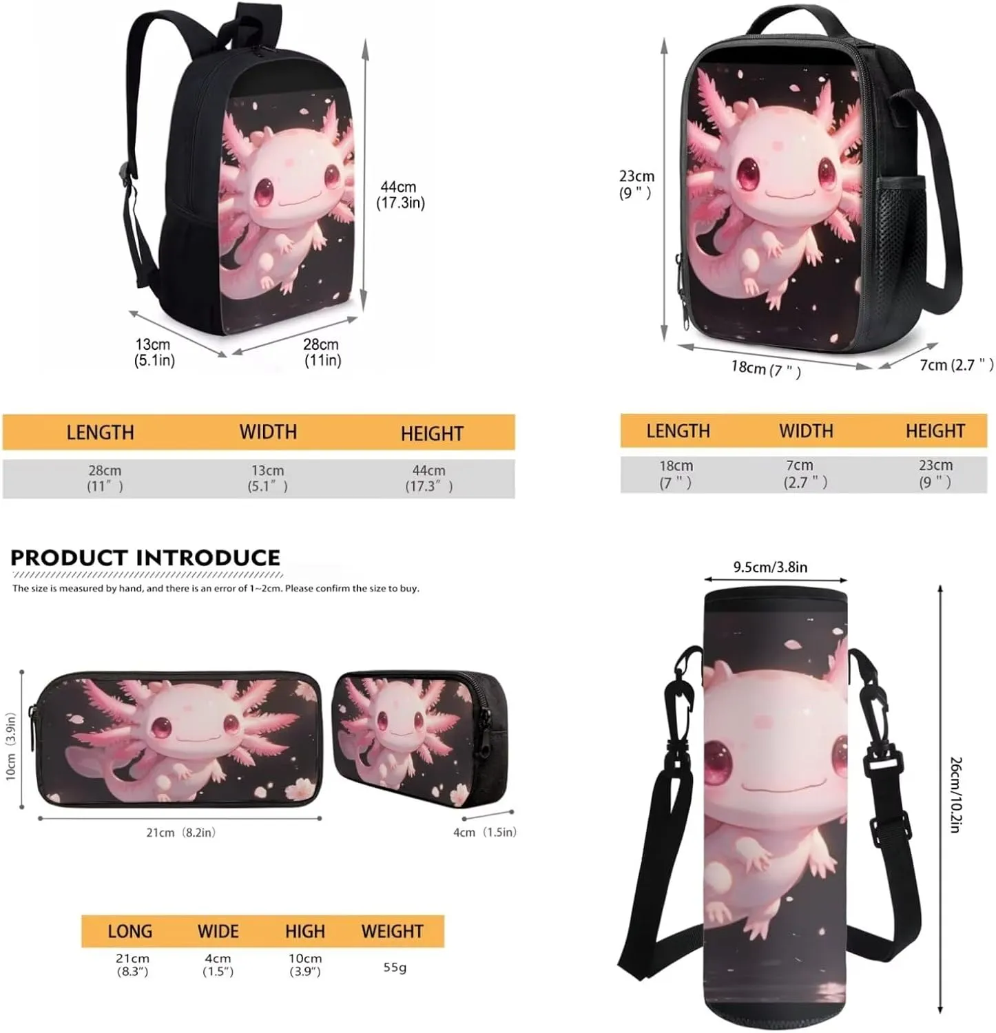 Axolotl Kids Backpack and Lunch Box Set With Bottle Holder Kids Preschool Backpack Girls Kindergarten Bookbag Set with Lunch Box and Pencil Case 4PCS Toddler Backpack Back to School Gifts