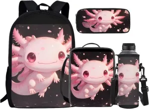 Axolotl Kids Backpack and Lunch Box Set With Bottle Holder Kids Preschool Backpack Girls Kindergarten Bookbag Set with Lunch Box and Pencil Case 4PCS Toddler Backpack Back to School Gifts