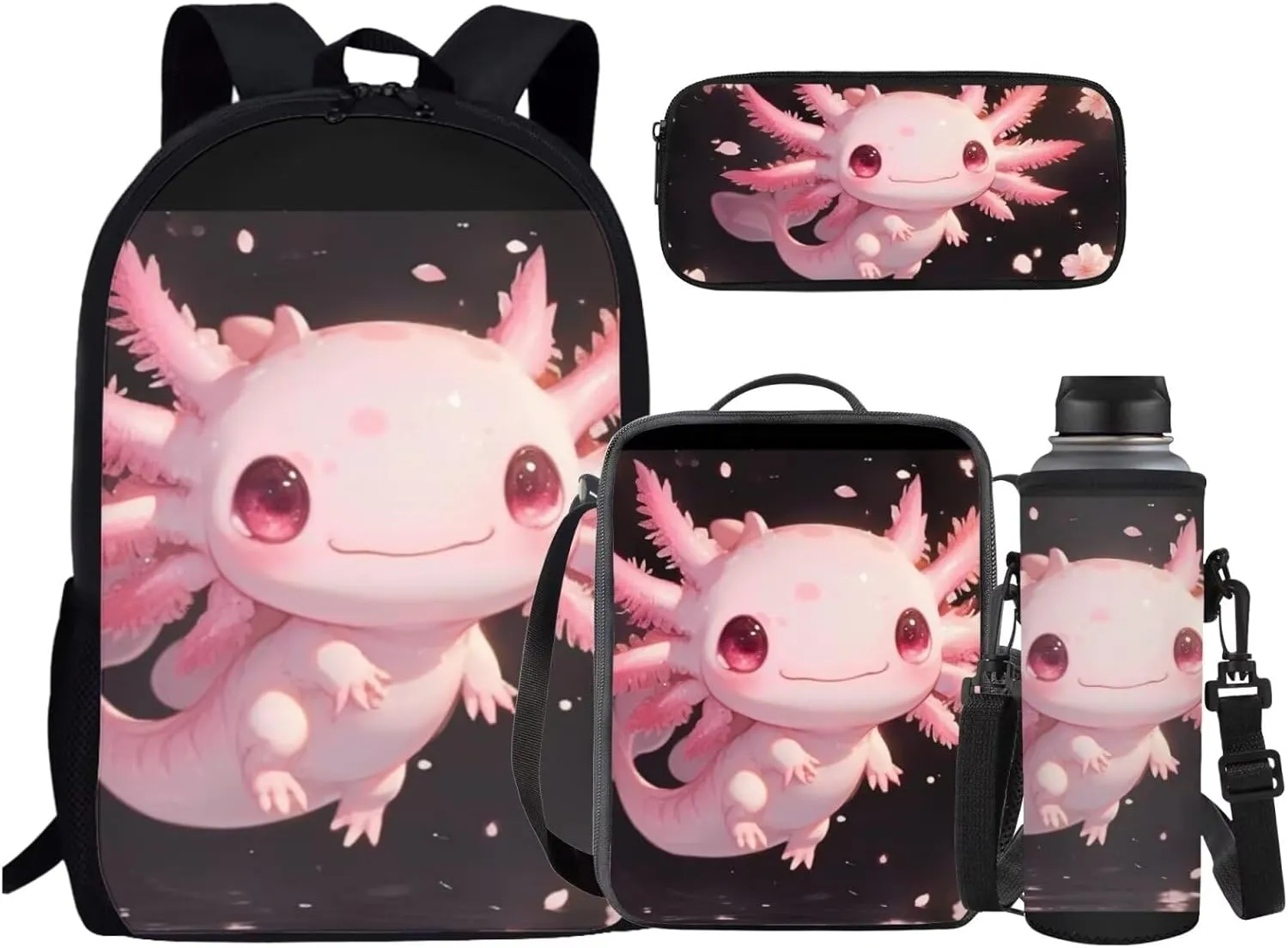 Axolotl Kids Backpack and Lunch Box Set With Bottle Holder Kids Preschool Backpack Girls Kindergarten Bookbag Set with Lunch Box and Pencil Case 4PCS Toddler Backpack Back to School Gifts