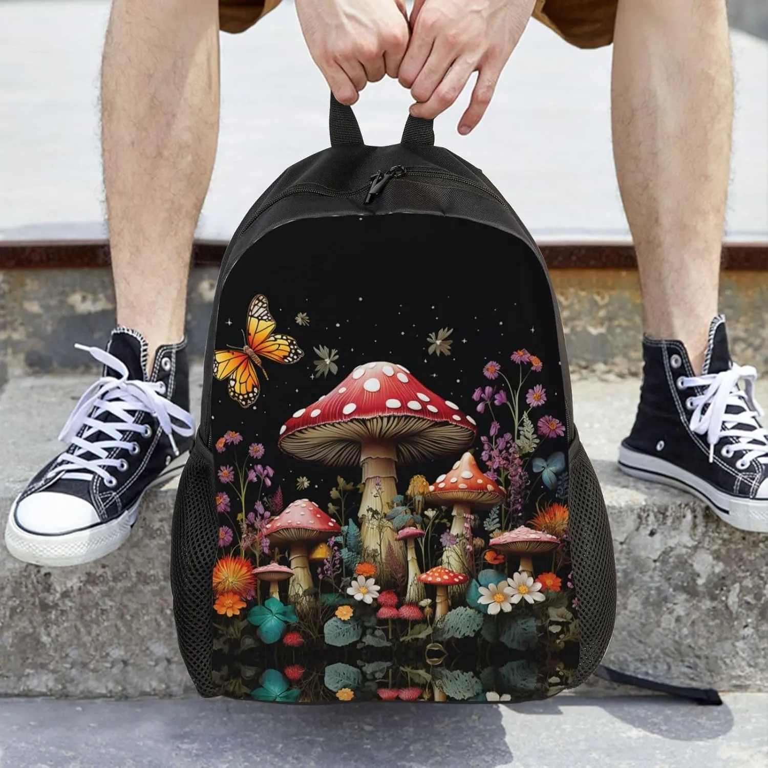 Backpack for Men Women Laptop Backpack Owl on a branch Daypack Laptop Bag for Travel, Mushrooms and Butterflies, One Size