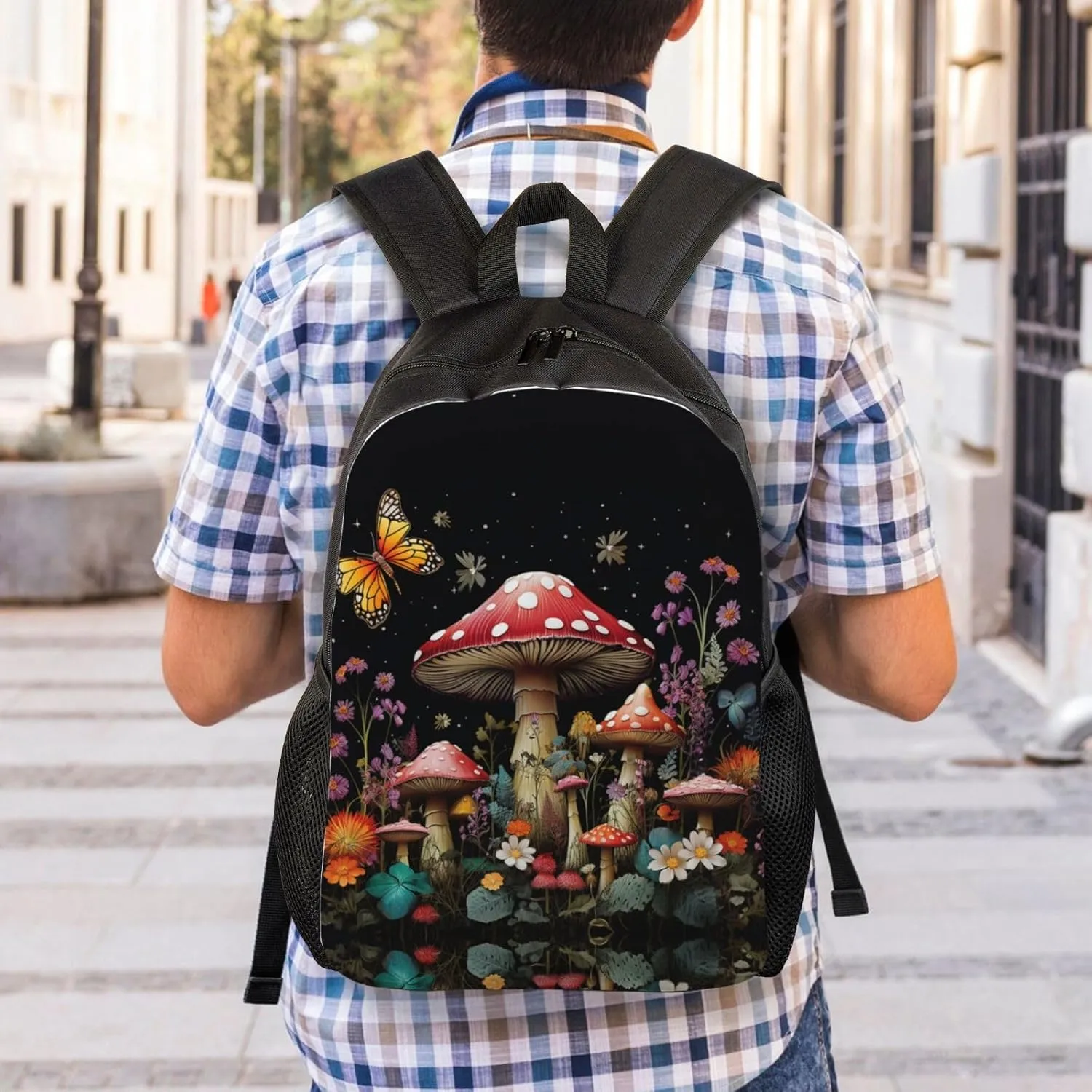 Backpack for Men Women Laptop Backpack Owl on a branch Daypack Laptop Bag for Travel, Mushrooms and Butterflies, One Size