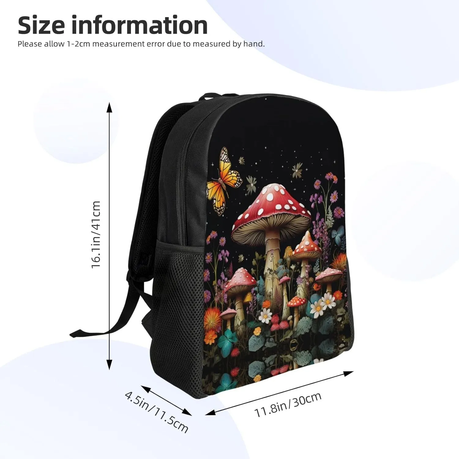 Backpack for Men Women Laptop Backpack Owl on a branch Daypack Laptop Bag for Travel, Mushrooms and Butterflies, One Size