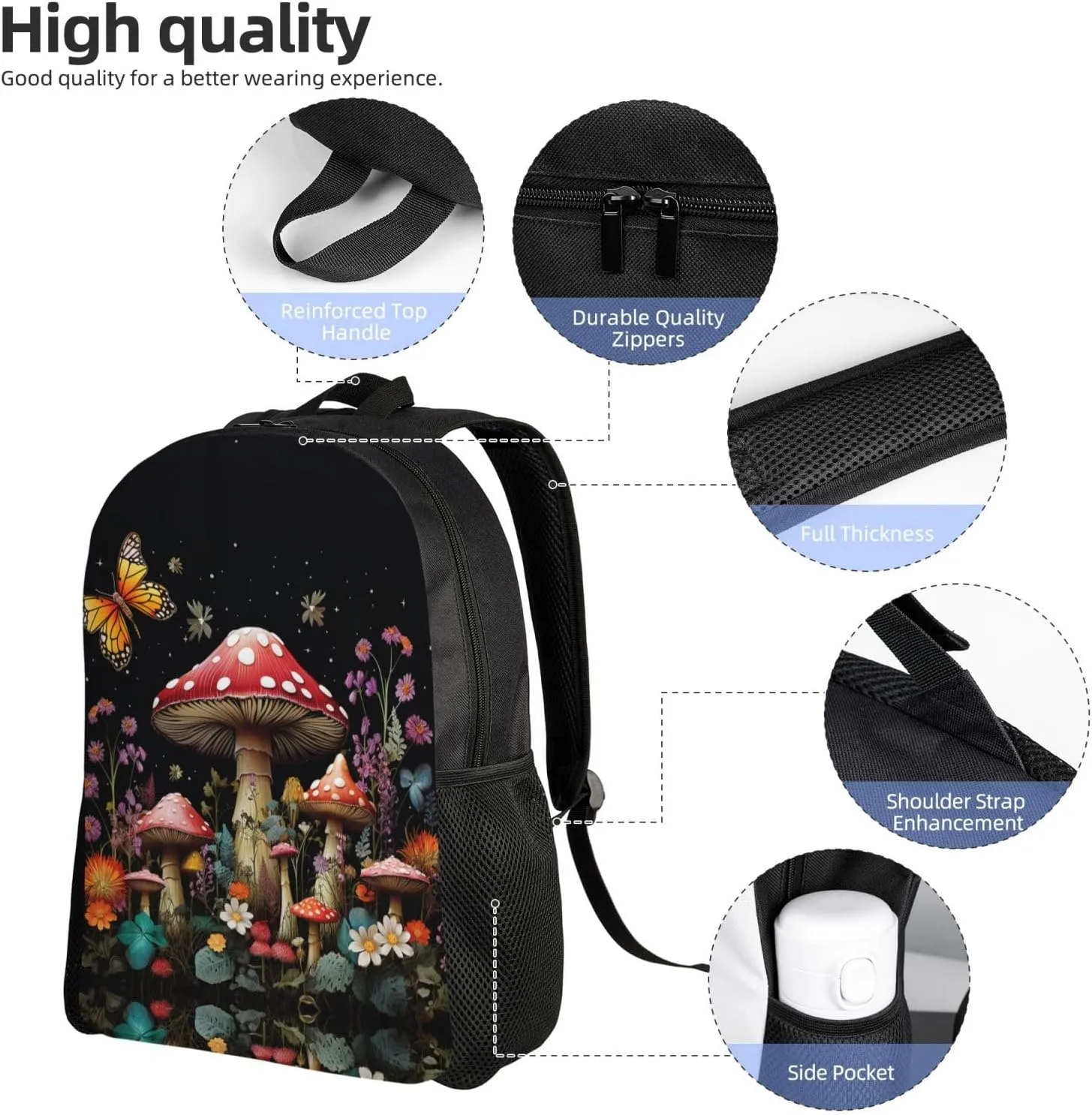 Backpack for Men Women Laptop Backpack Owl on a branch Daypack Laptop Bag for Travel, Mushrooms and Butterflies, One Size