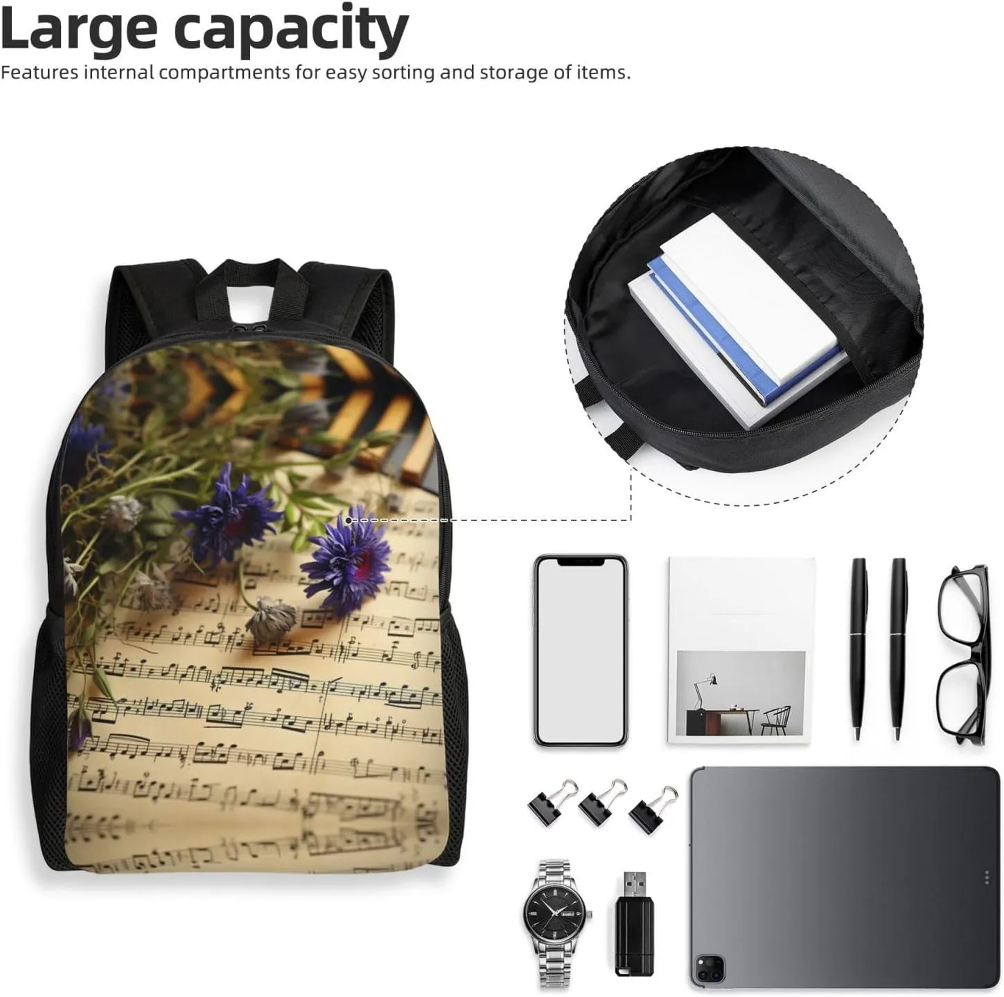 Backpack for Men Women Laptop Backpack Owl on a branch Daypack Laptop Bag for Travel, Music Sheet, One Size