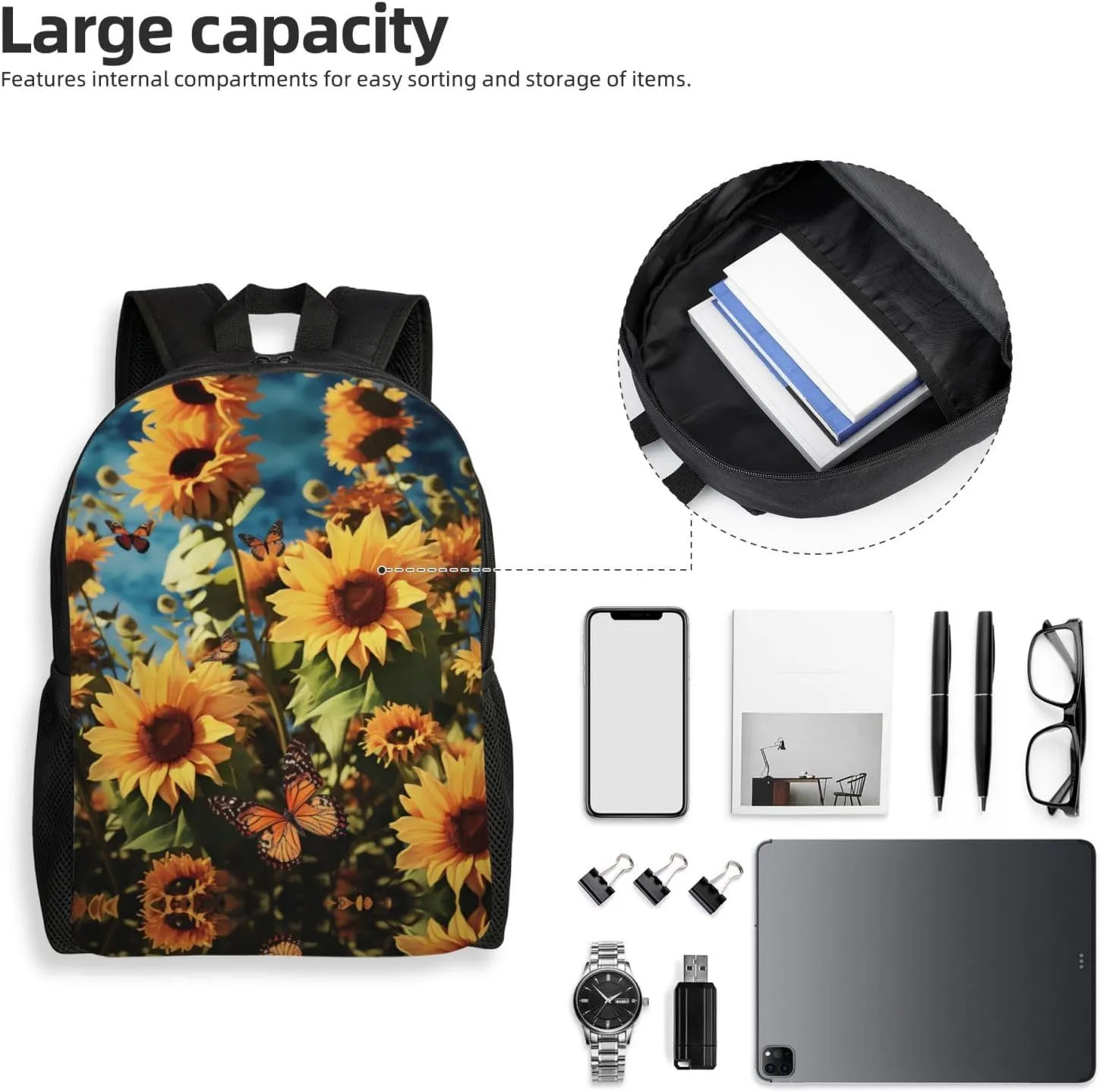 Backpack for Men Women Laptop Backpack Sunset at dusk Daypack Laptop Bag for Travel, Butterflies Sunflowers, One Size
