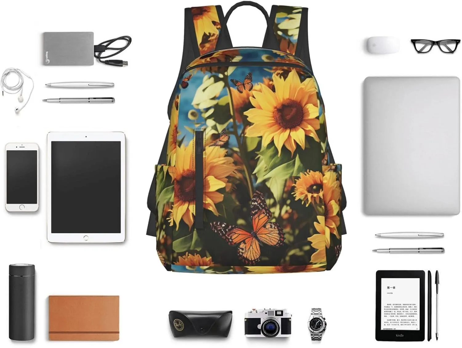 Backpack for Men Women Laptop Backpack Sunset at dusk Daypack Laptop Bag for Travel, Butterflies Sunflowers, One Size