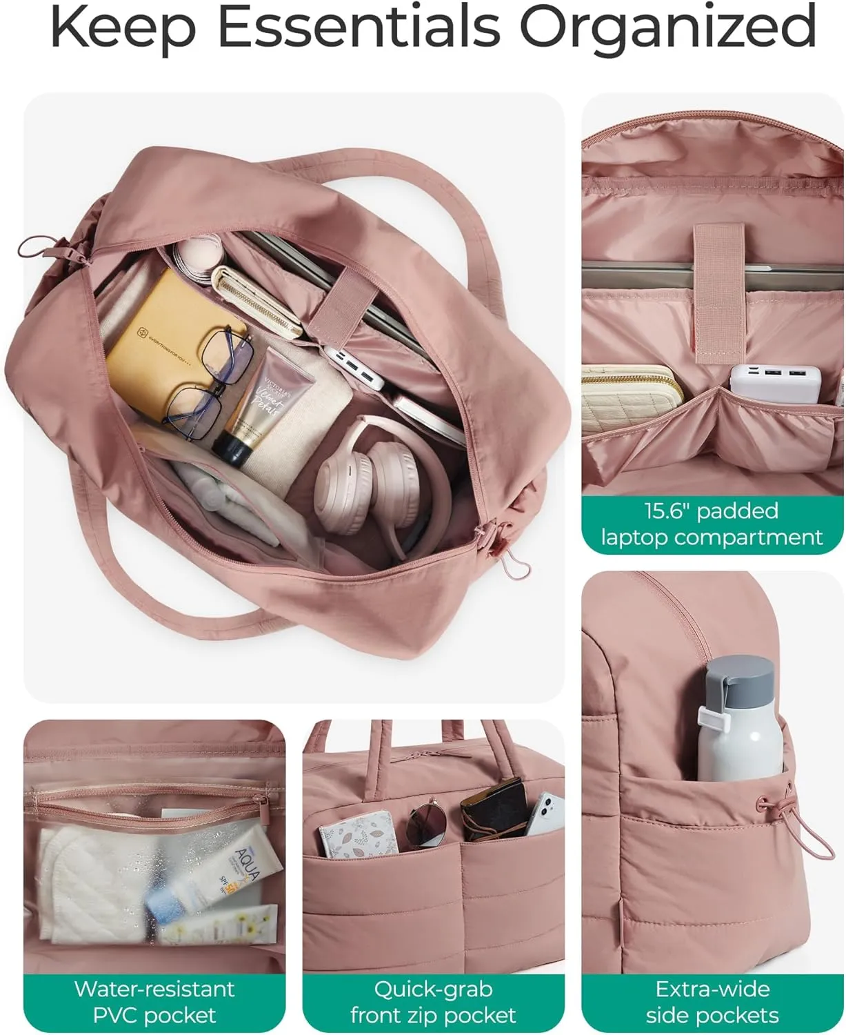BAGSMART Gym Bag for Women, 31L Travel Duffle Bag Puffer Tote Quilted Laptop Carry on, Weekender Overnight Organizer for Travel, Dark Pink