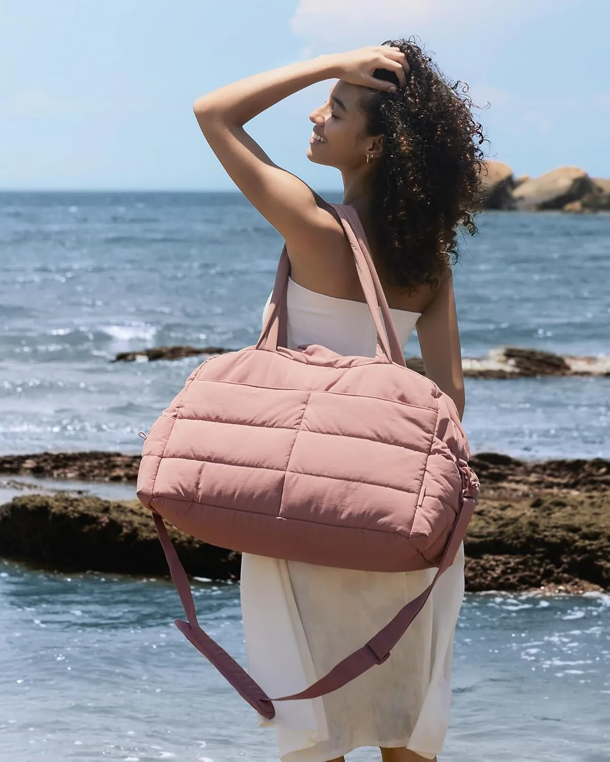 BAGSMART Gym Bag for Women, 31L Travel Duffle Bag Puffer Tote Quilted Laptop Carry on, Weekender Overnight Organizer for Travel, Dark Pink