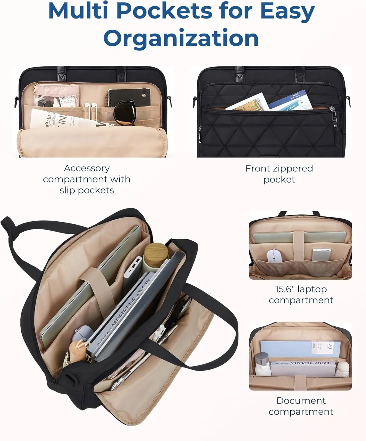 BAGSMART Laptop Bag for Women/Men, 15.6 Inch Briefcase, Stylish Leather Computer Messenger Bag for Office Business, Black