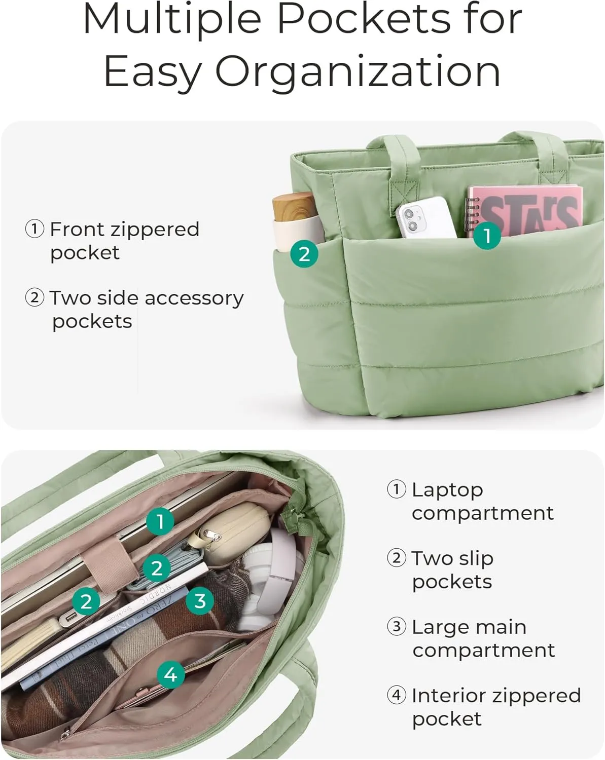 BAGSMART Tote Bag for Women, Lightweight Puffy Tote Bag with Compartments, Quilted Shoulder Bag Handbag for Travel, Work