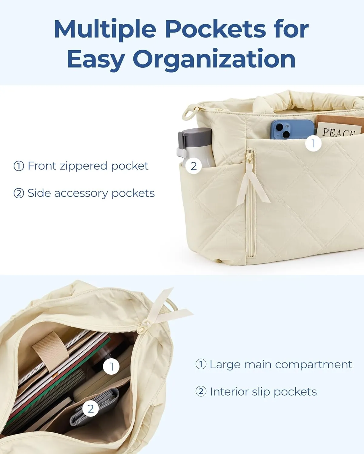 BAGSMART Tote Bag for Women, Puffer Tote Bag with Zipper, Shoulder Bag Handbag Quilted Tote Bag for Travel, Sport, Work