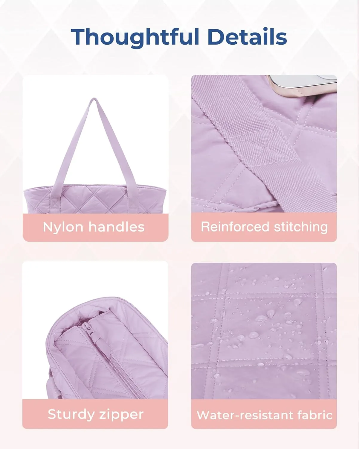 BAGSMART Tote Bag for Women, Puffer Work Tote with Zipper, Travel Essentials Quilted Nurse Travel Hospital Bag