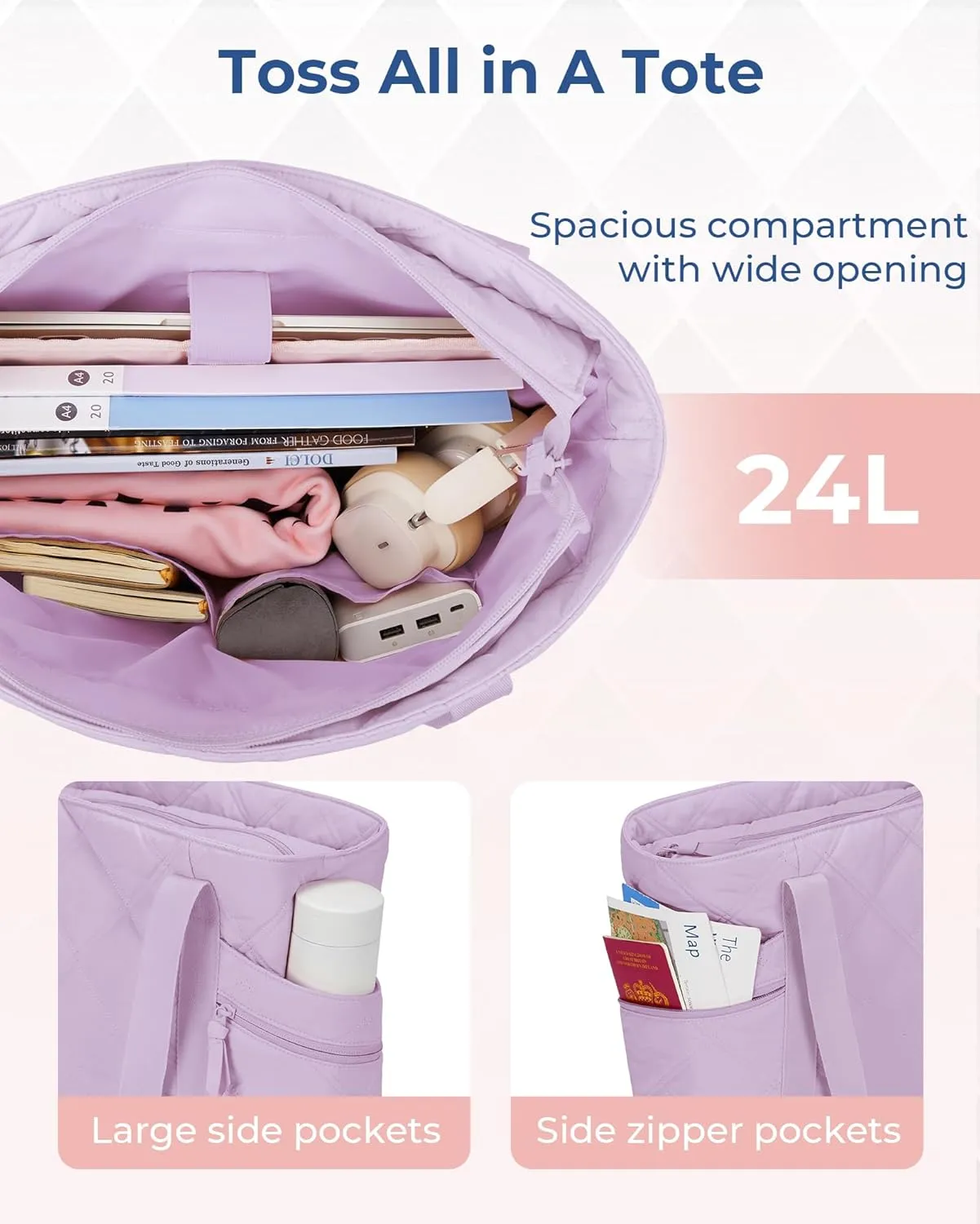 BAGSMART Tote Bag for Women, Puffer Work Tote with Zipper, Travel Essentials Quilted Nurse Travel Hospital Bag