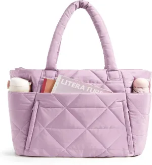BAGSMART Tote Bag for Women, Puffy Tote Bag with Zipper, Large Quilted Shoulder Bag with Compartments for Travel, Work, Gym