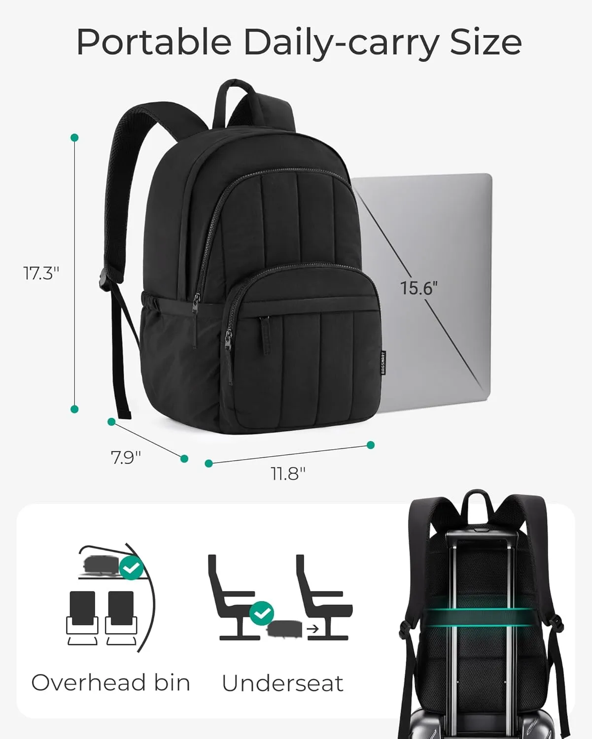 BAGSMAT Womens Backpack Travel Laptop Backpack for Women, Quilted College Laptop Bookbag, Work Back Pack for Women, Cute Computer Water-Resistant Casual Daypack, Puffer Black