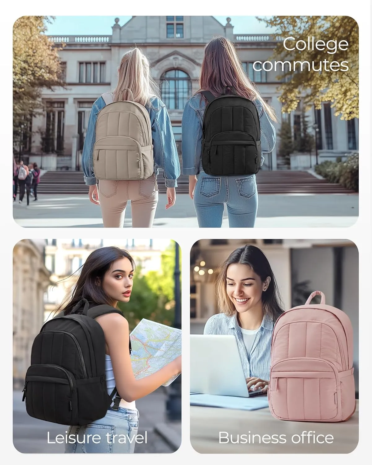 BAGSMAT Womens Backpack Travel Laptop Backpack for Women, Quilted College Laptop Bookbag, Work Back Pack for Women, Cute Computer Water-Resistant Casual Daypack, Puffer Black