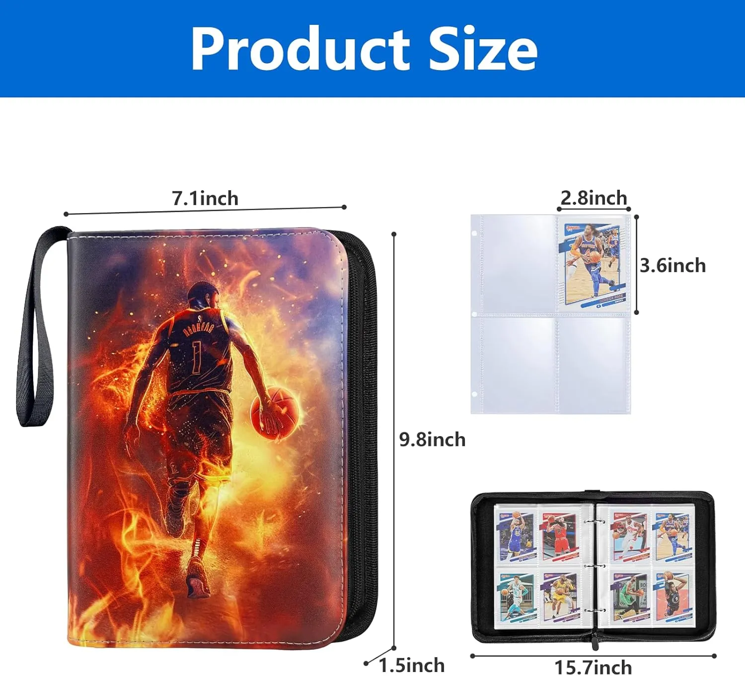 Basketball Card Binder, 4-Pocket Card Holder, Trading Card Binder Fits 400 Cards with Zipper, Portable Collector Album for Football, Baseball, Hockey Sports Cards Collection