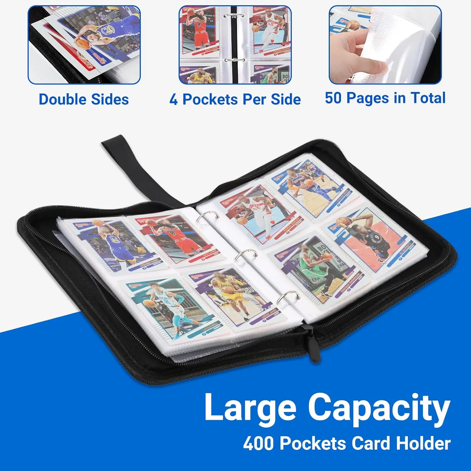 Basketball Card Binder, 4-Pocket Card Holder, Trading Card Binder Fits 400 Cards with Zipper, Portable Collector Album for Football, Baseball, Hockey Sports Cards Collection